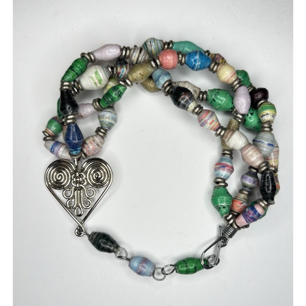 Uganda/Kenya Artisans Hand Rolled Paper Beaded Wire Heart Charm Bracelet